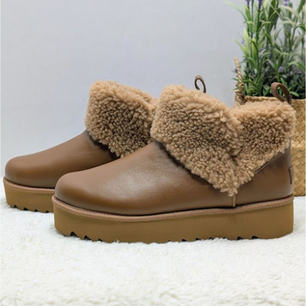 UGG Chestnut Ultra Mini Alina Curled Genuine Shearling Platform Boots W10 *NEW* - Picture 2 of 12